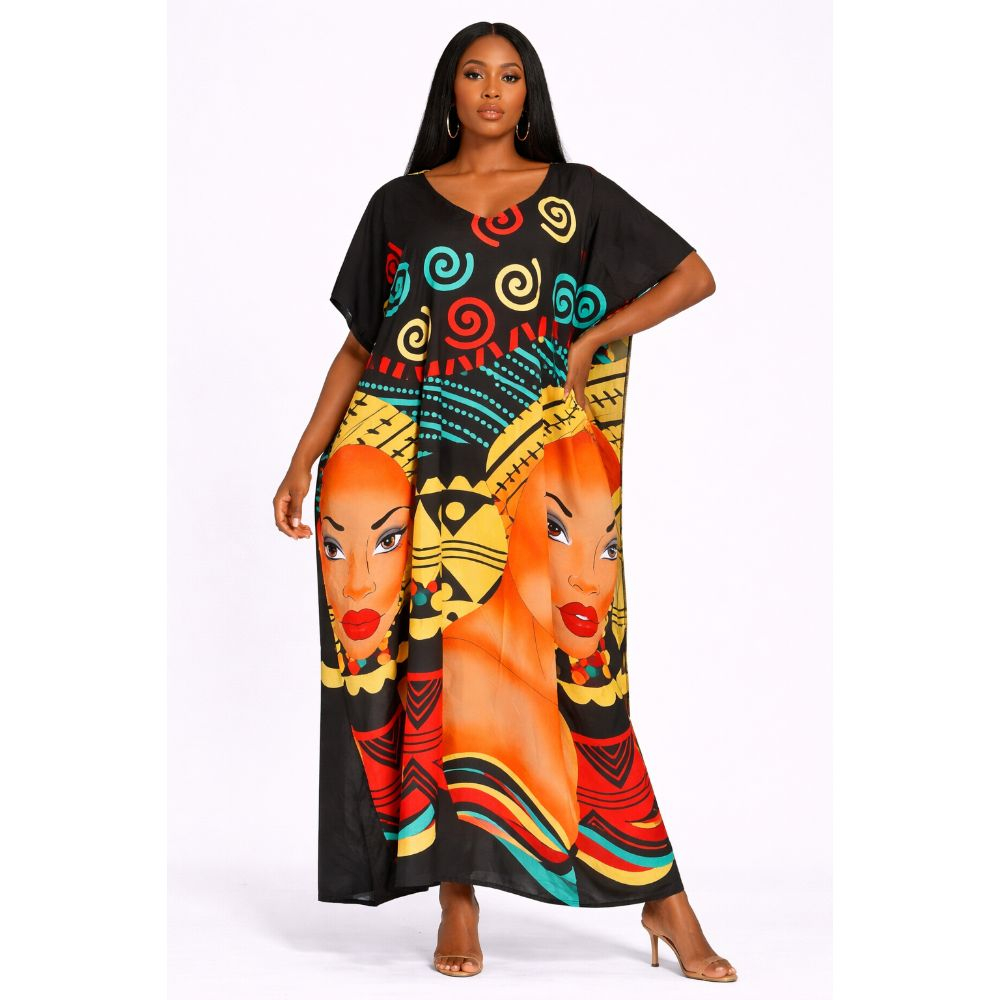 Multicolor Abstract Print Kaftan Maxi Dress for Women